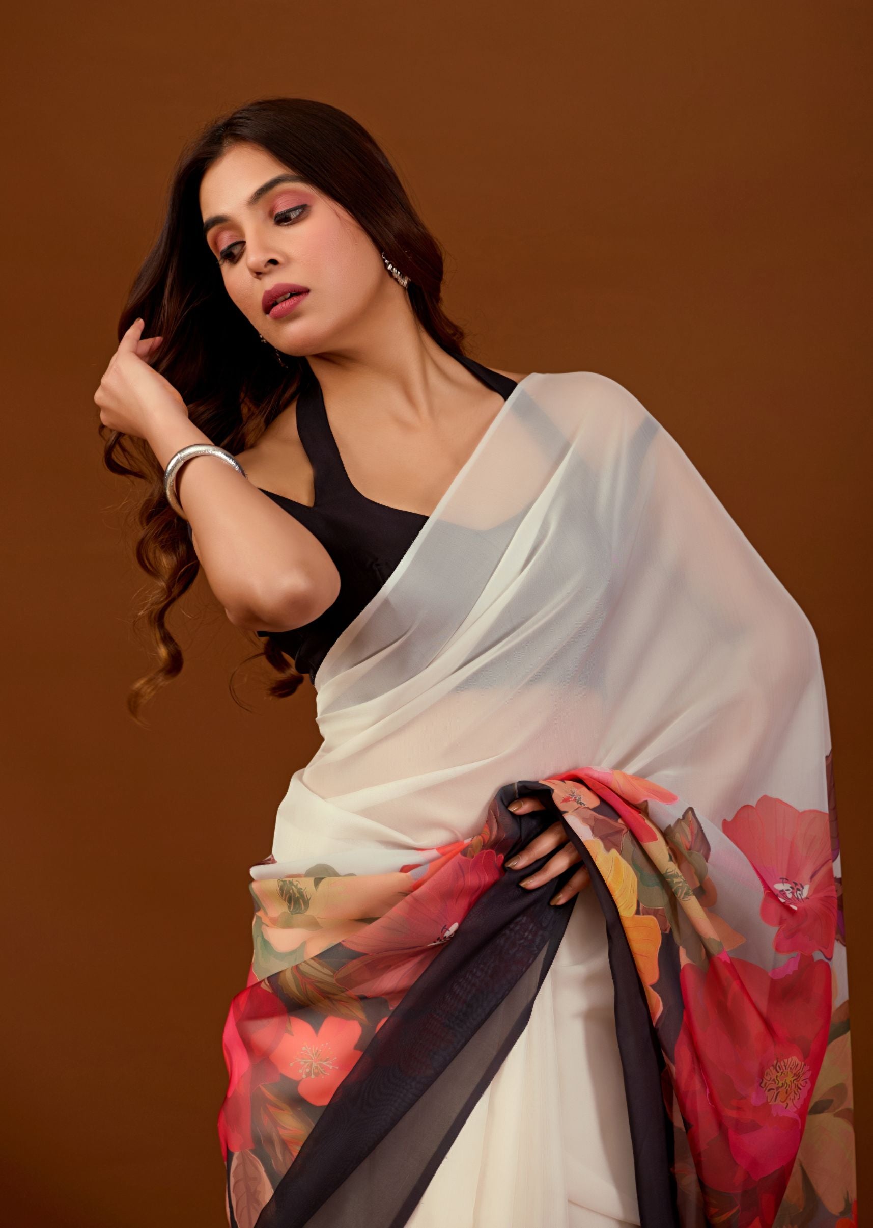 Ivory White Organza Saree with Digital Floral Print Border