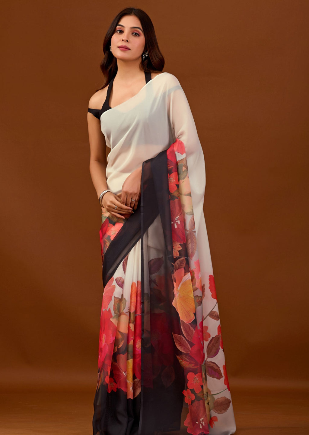 Ivory White Organza Saree with Digital Floral Print Border