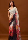 Ivory White Organza Saree with Digital Floral Print Border