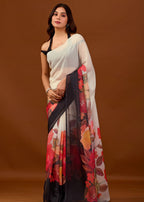 Ivory White Organza Saree with Digital Floral Print Border