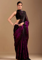 Wine Purple Organza Saree with Abstract Floral Print & Designer Scalloped Border