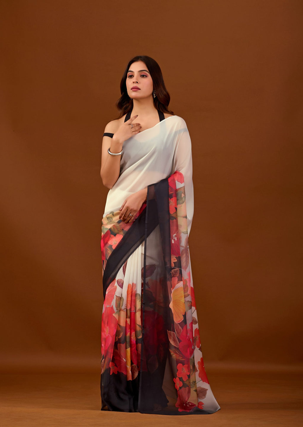 Ivory White Organza Saree with Digital Floral Print Border