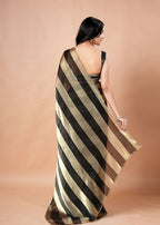Black & Gold Organza Saree with Metallic Stripe Print and Stone Work Border