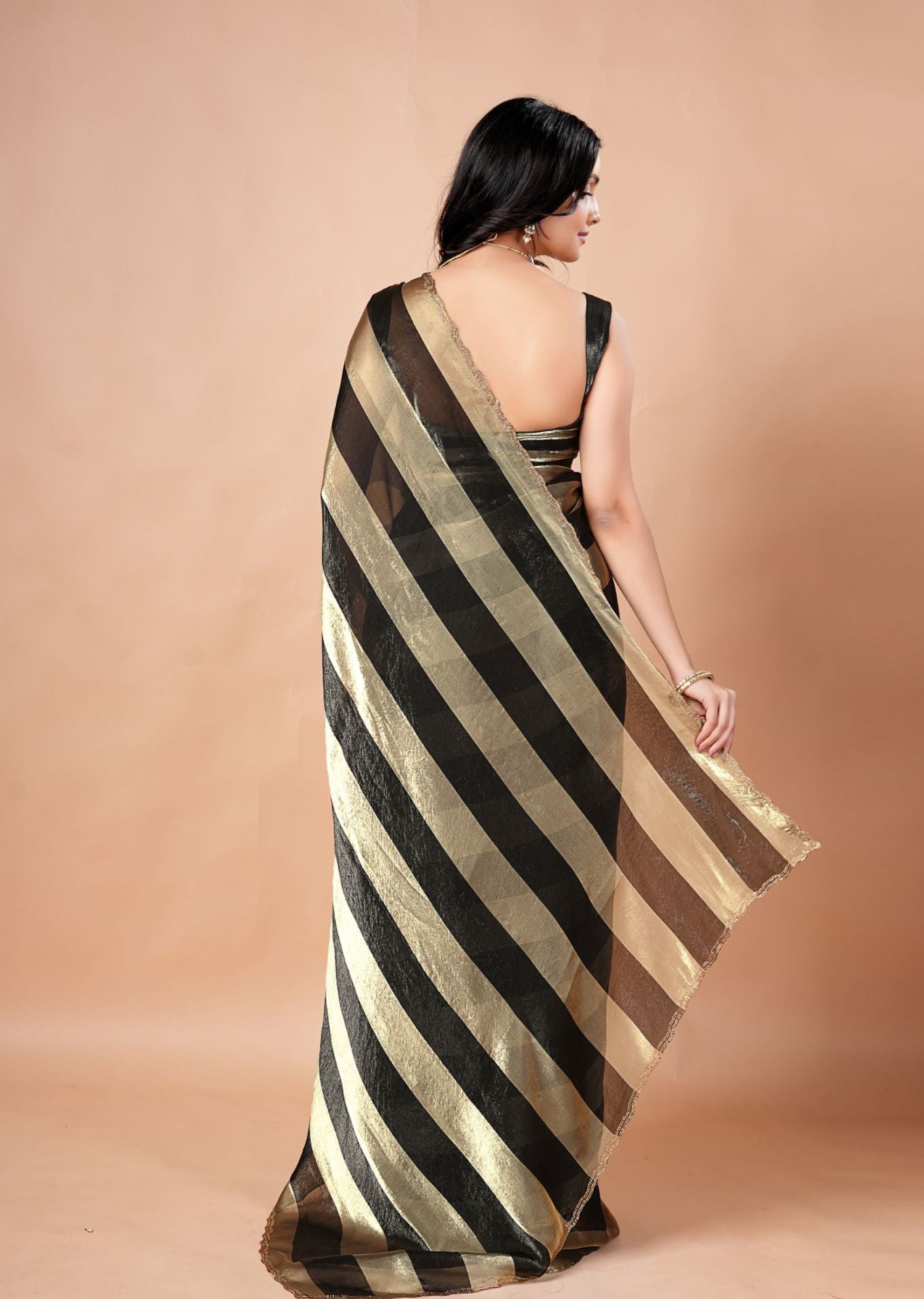 Black & Gold Organza Saree with Metallic Stripe Print and Stone Work Border