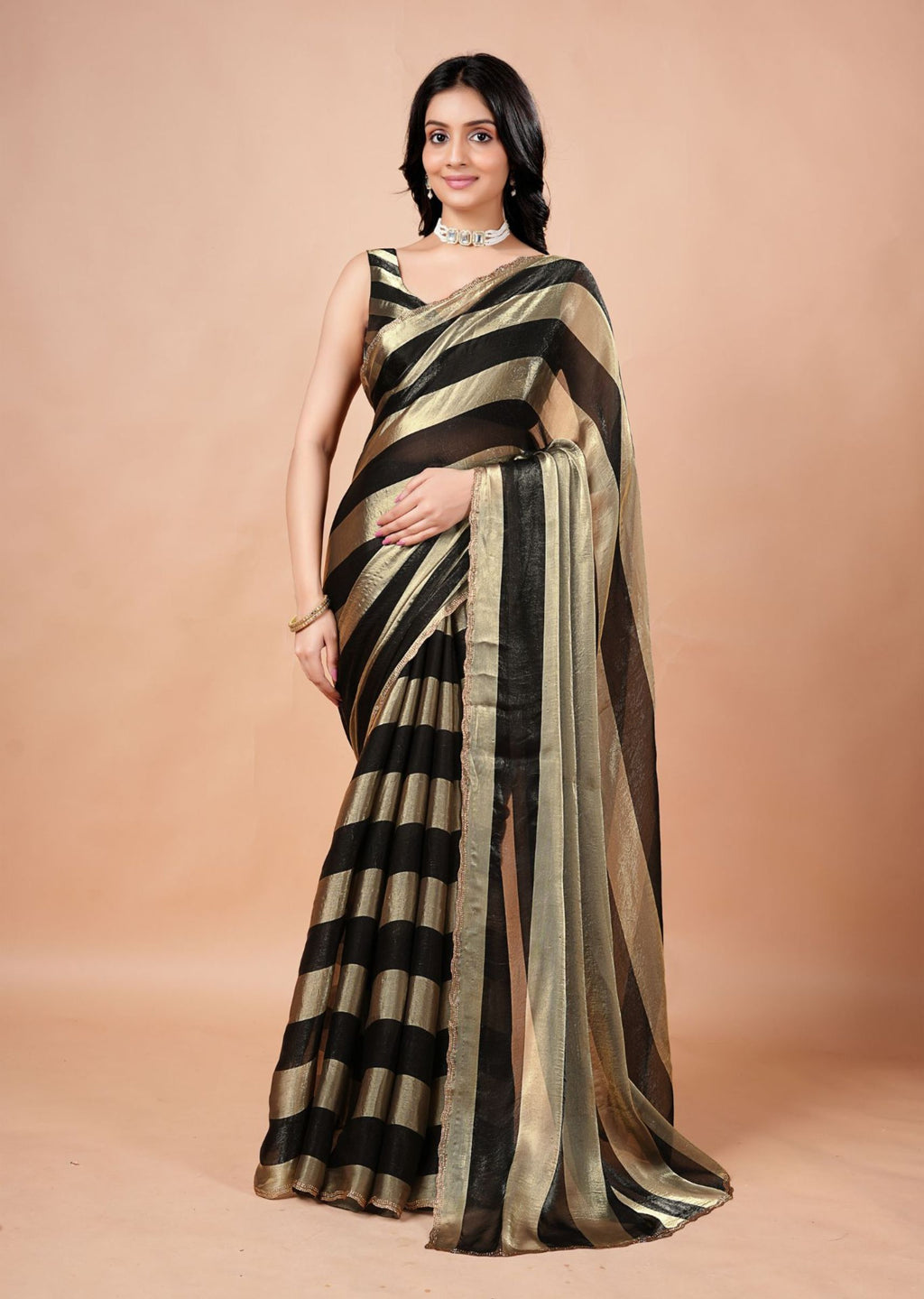 Black & Gold Organza Saree with Metallic Stripe Print and Stone Work Border