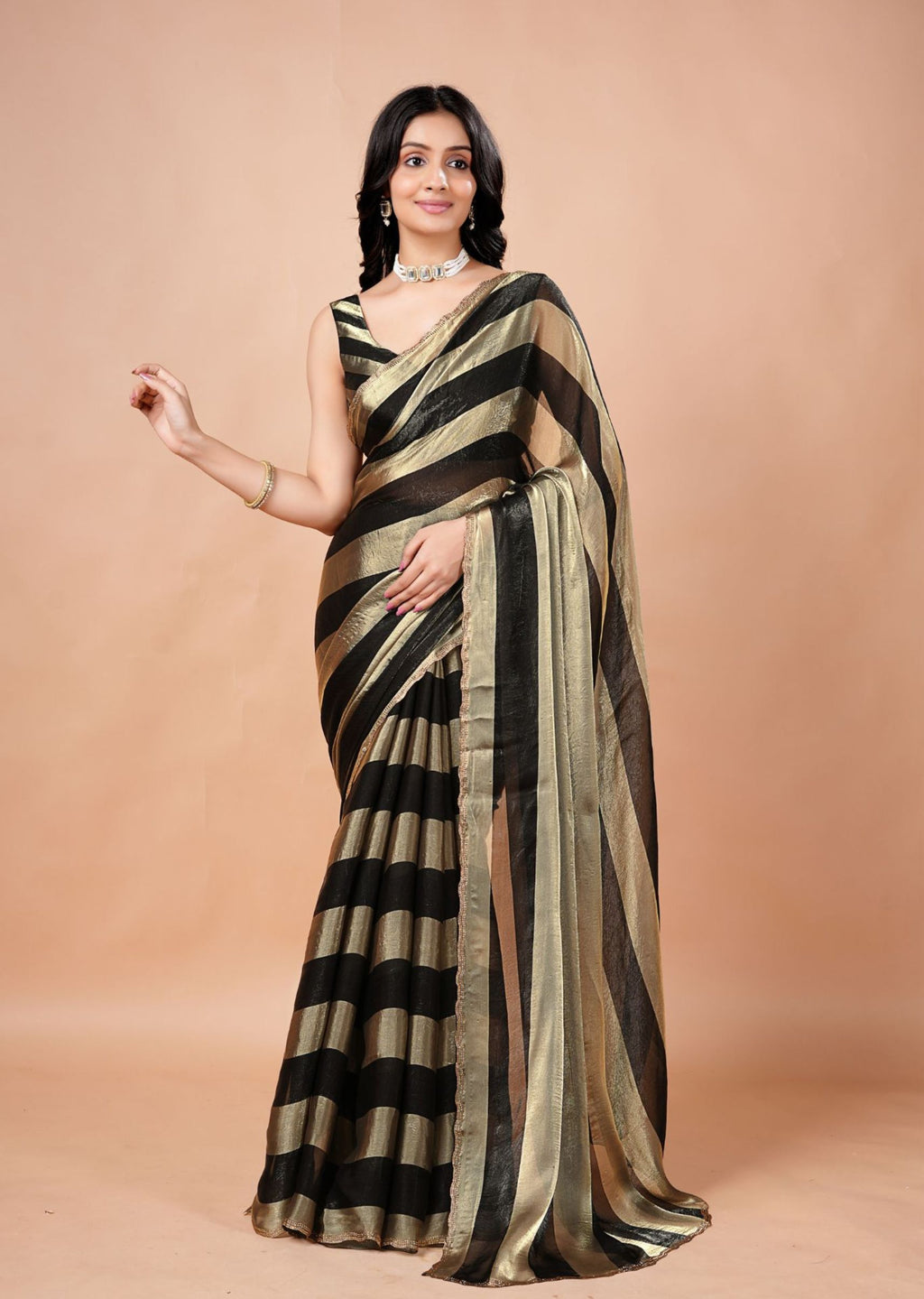 Black & Gold Organza Saree with Metallic Stripe Print and Stone Work Border