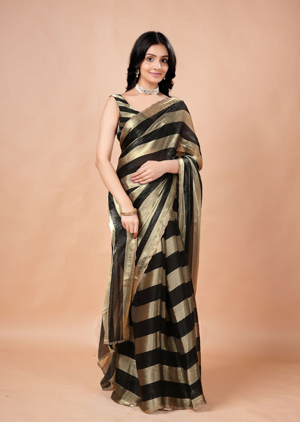 Black & Gold Organza Saree with Metallic Stripe Print and Stone Work Border