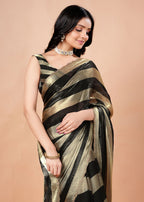 Black & Gold Organza Saree with Metallic Stripe Print and Stone Work Border