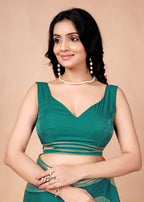 Black & Gold Organza Saree with Metallic Stripe Print and Stone Work Border