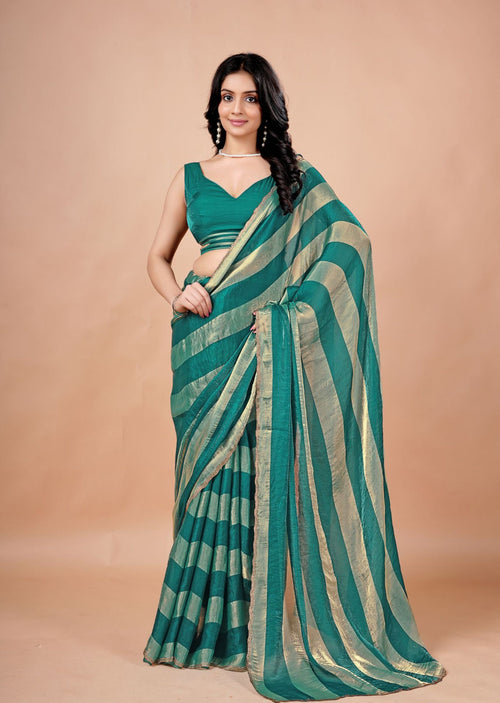 Black & Gold Organza Saree with Metallic Stripe Print and Stone Work Border