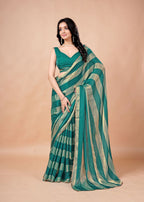 Black & Gold Organza Saree with Metallic Stripe Print and Stone Work Border
