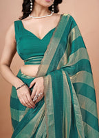 Black & Gold Organza Saree with Metallic Stripe Print and Stone Work Border