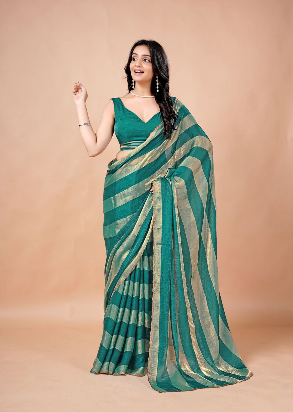 Black & Gold Organza Saree with Metallic Stripe Print and Stone Work Border
