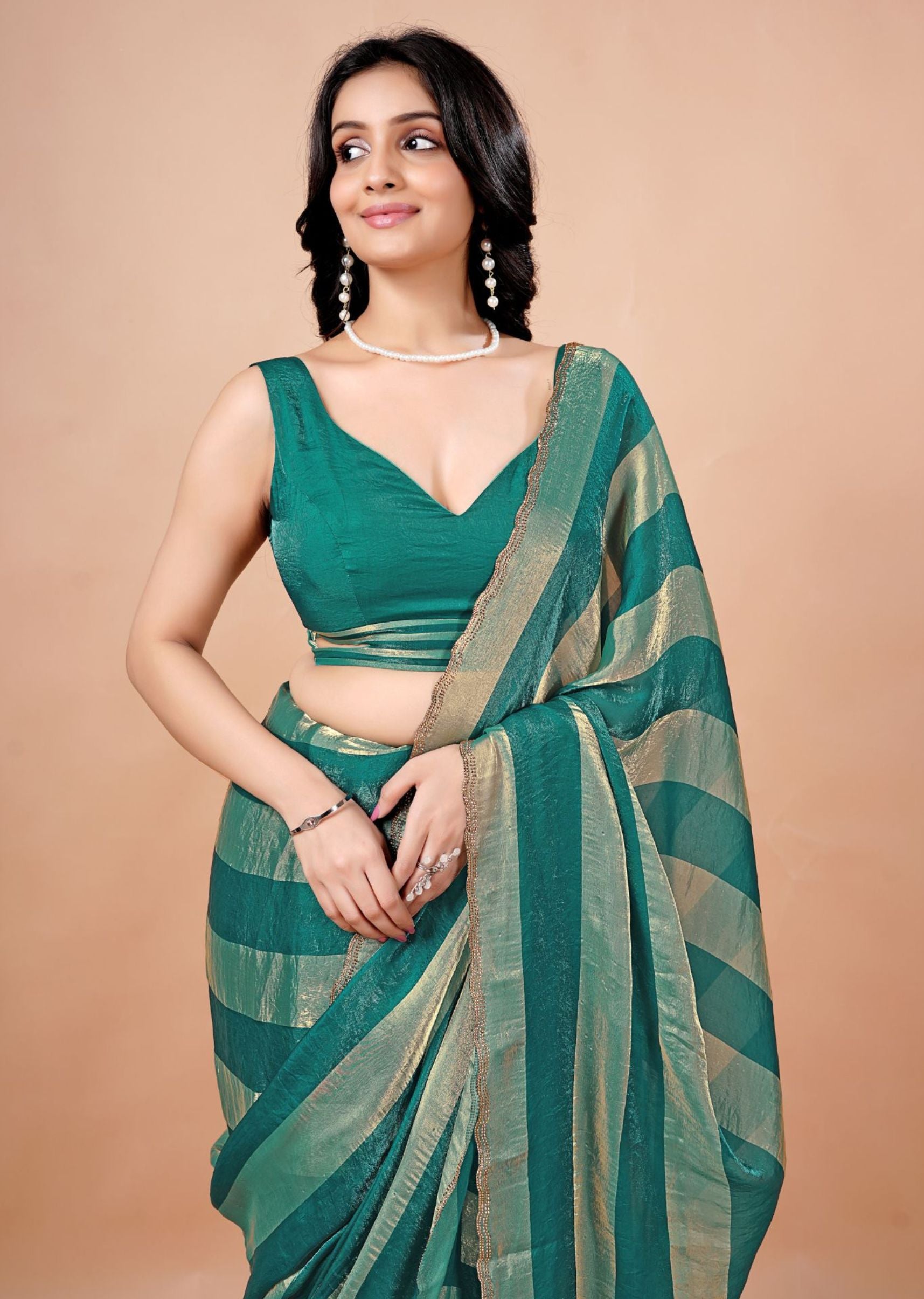 Black & Gold Organza Saree with Metallic Stripe Print and Stone Work Border