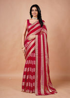 Black & Gold Organza Saree with Metallic Stripe Print and Stone Work Border
