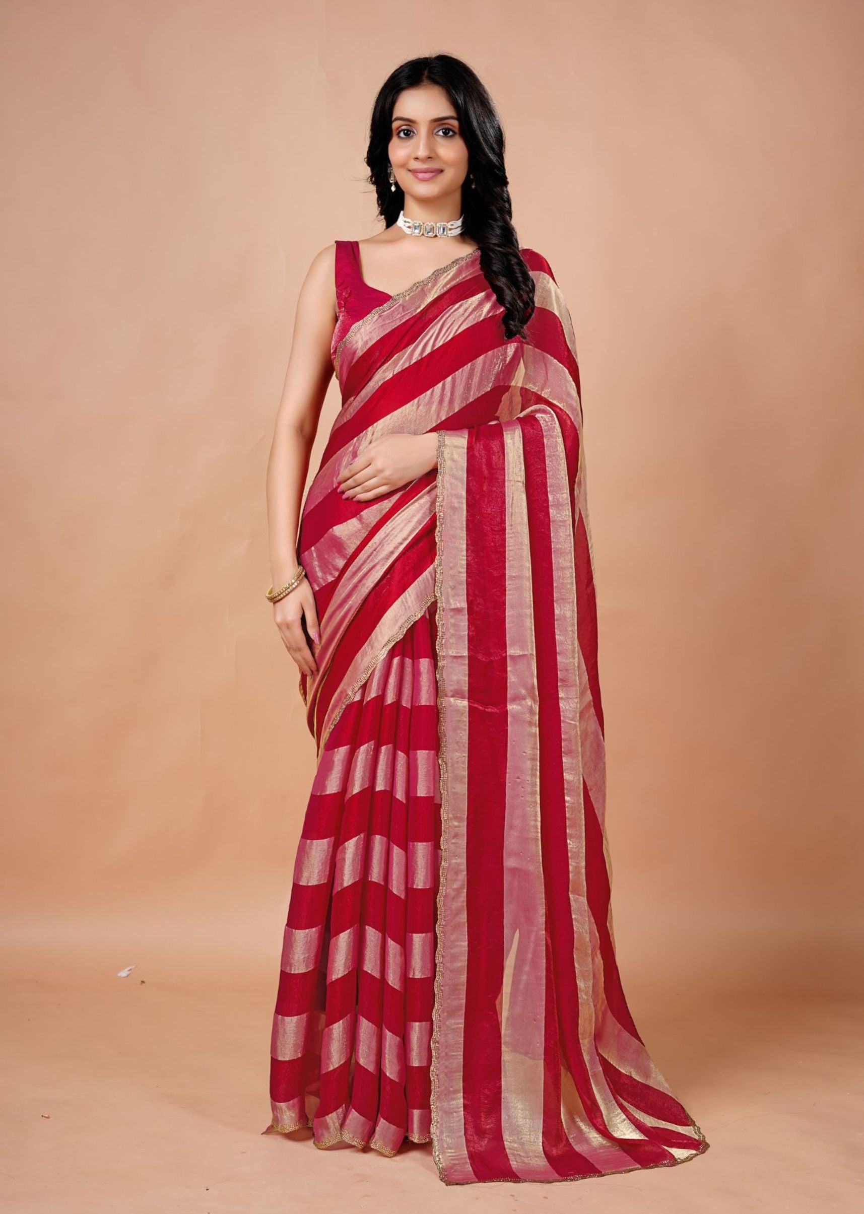 Black & Gold Organza Saree with Metallic Stripe Print and Stone Work Border