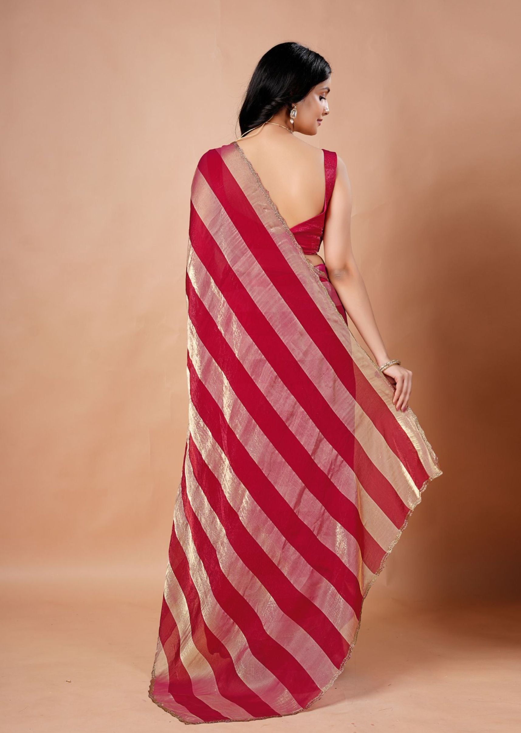 Black & Gold Organza Saree with Metallic Stripe Print and Stone Work Border