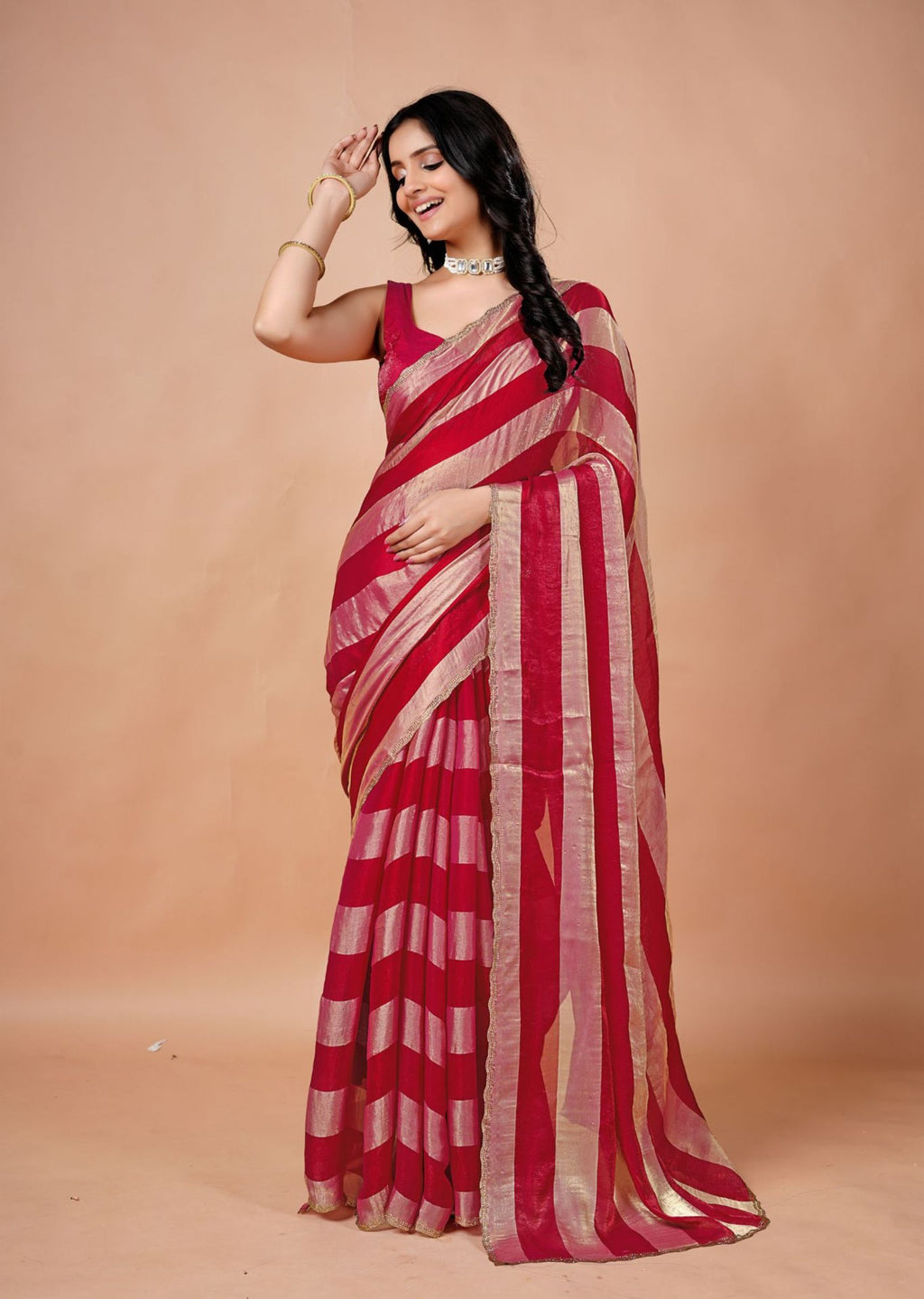 Black & Gold Organza Saree with Metallic Stripe Print and Stone Work Border