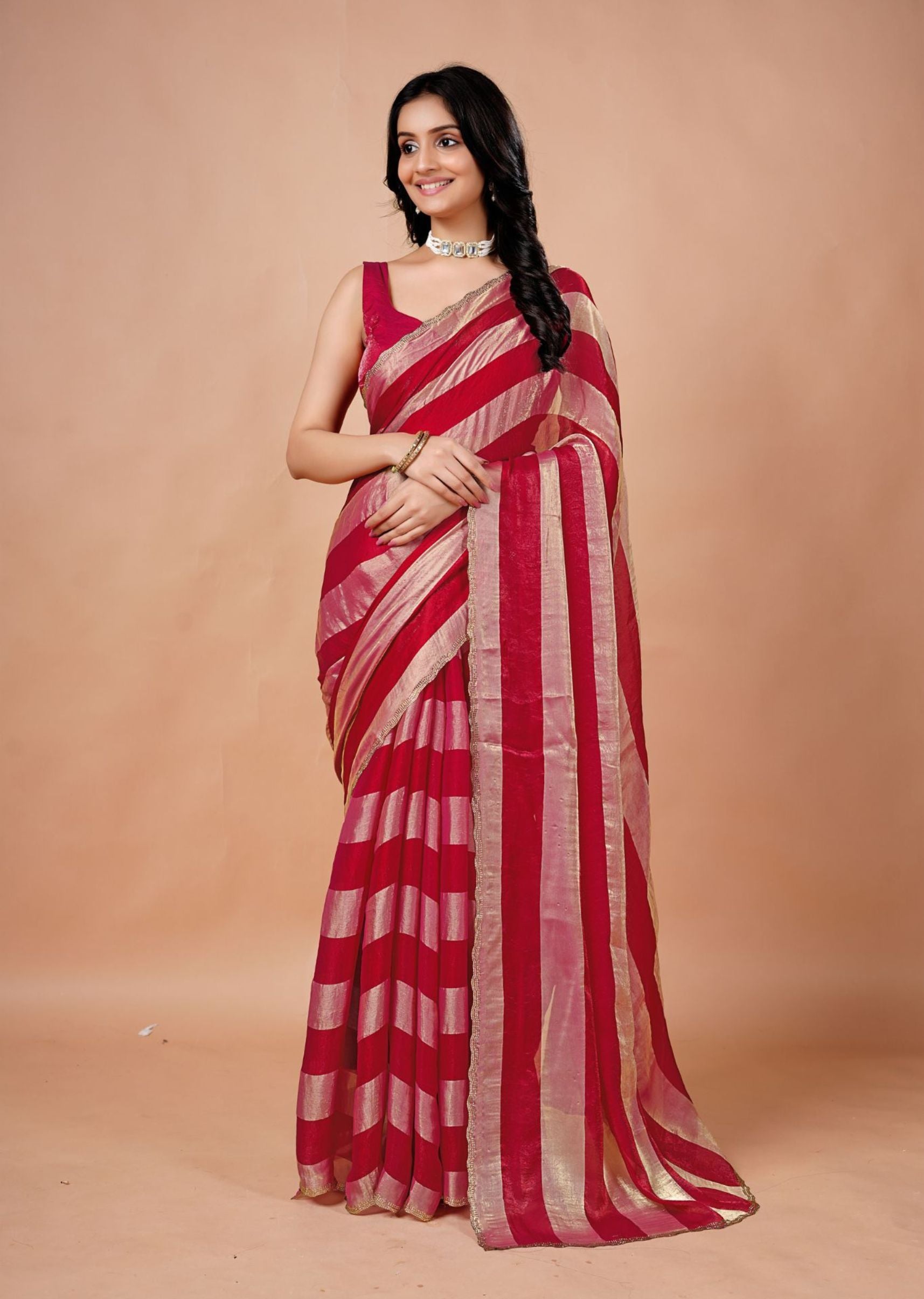 Black & Gold Organza Saree with Metallic Stripe Print and Stone Work Border