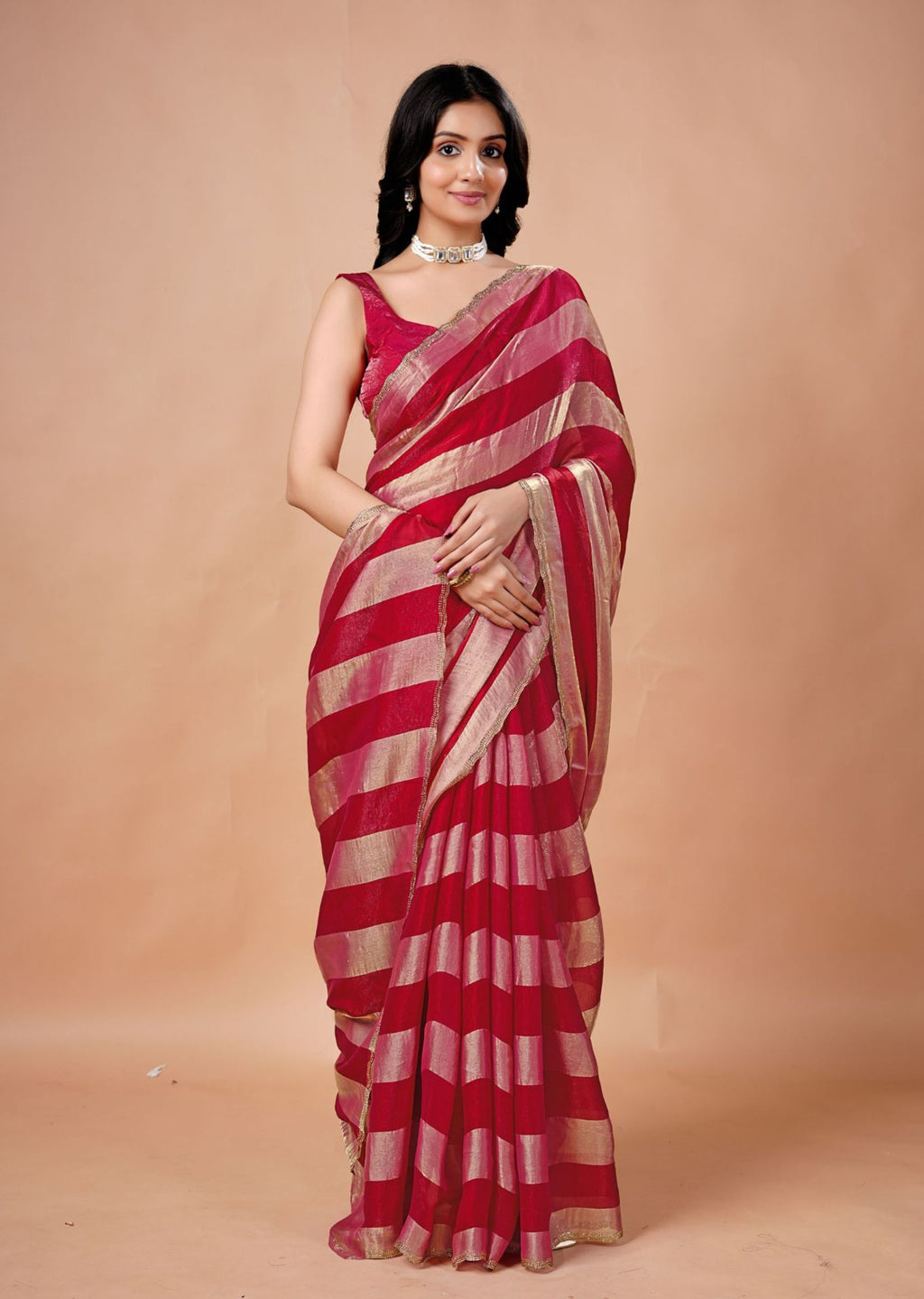 Black & Gold Organza Saree with Metallic Stripe Print and Stone Work Border