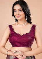 Black & Gold Organza Saree with Metallic Stripe Print and Stone Work Border