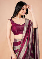 Black & Gold Organza Saree with Metallic Stripe Print and Stone Work Border
