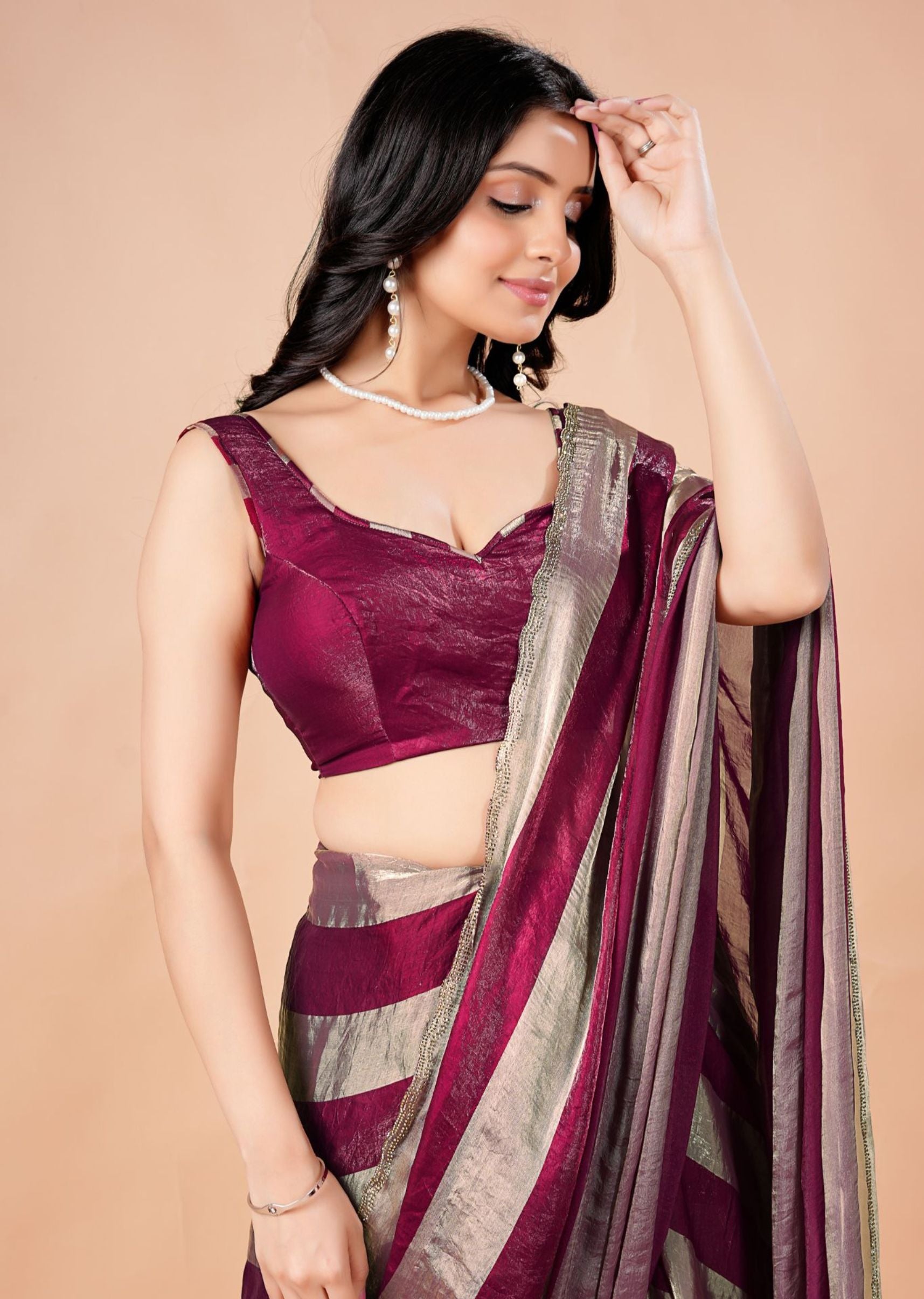 Black & Gold Organza Saree with Metallic Stripe Print and Stone Work Border