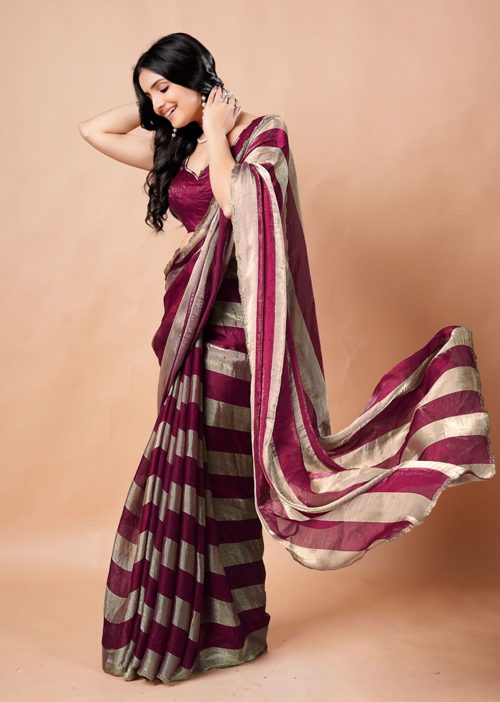 Black & Gold Organza Saree with Metallic Stripe Print and Stone Work Border