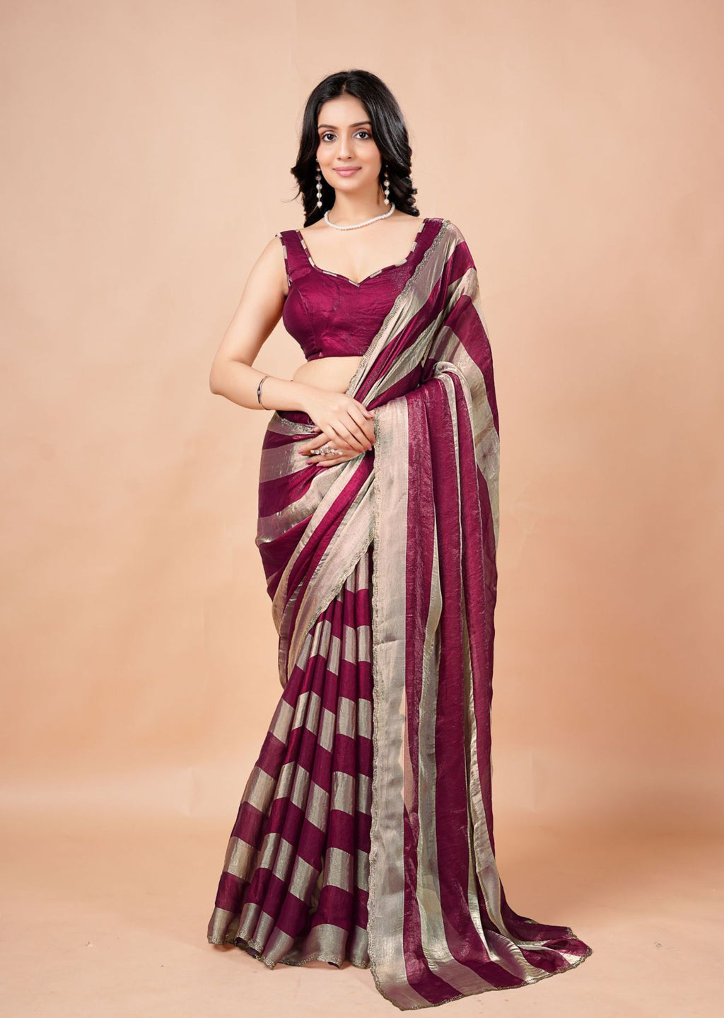 Black & Gold Organza Saree with Metallic Stripe Print and Stone Work Border