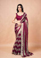 Black & Gold Organza Saree with Metallic Stripe Print and Stone Work Border