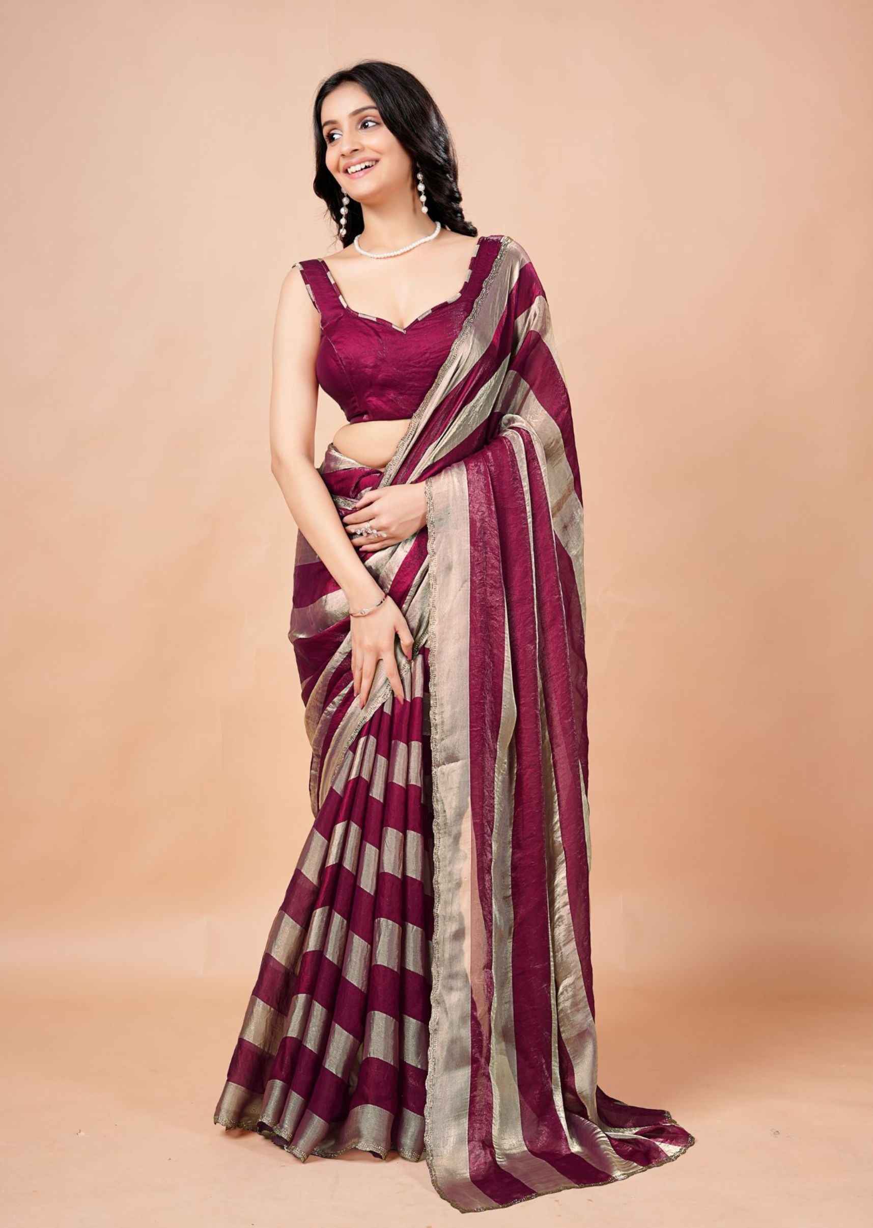 Black & Gold Organza Saree with Metallic Stripe Print and Stone Work Border