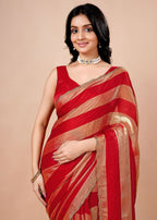 Black & Gold Organza Saree with Metallic Stripe Print and Stone Work Border