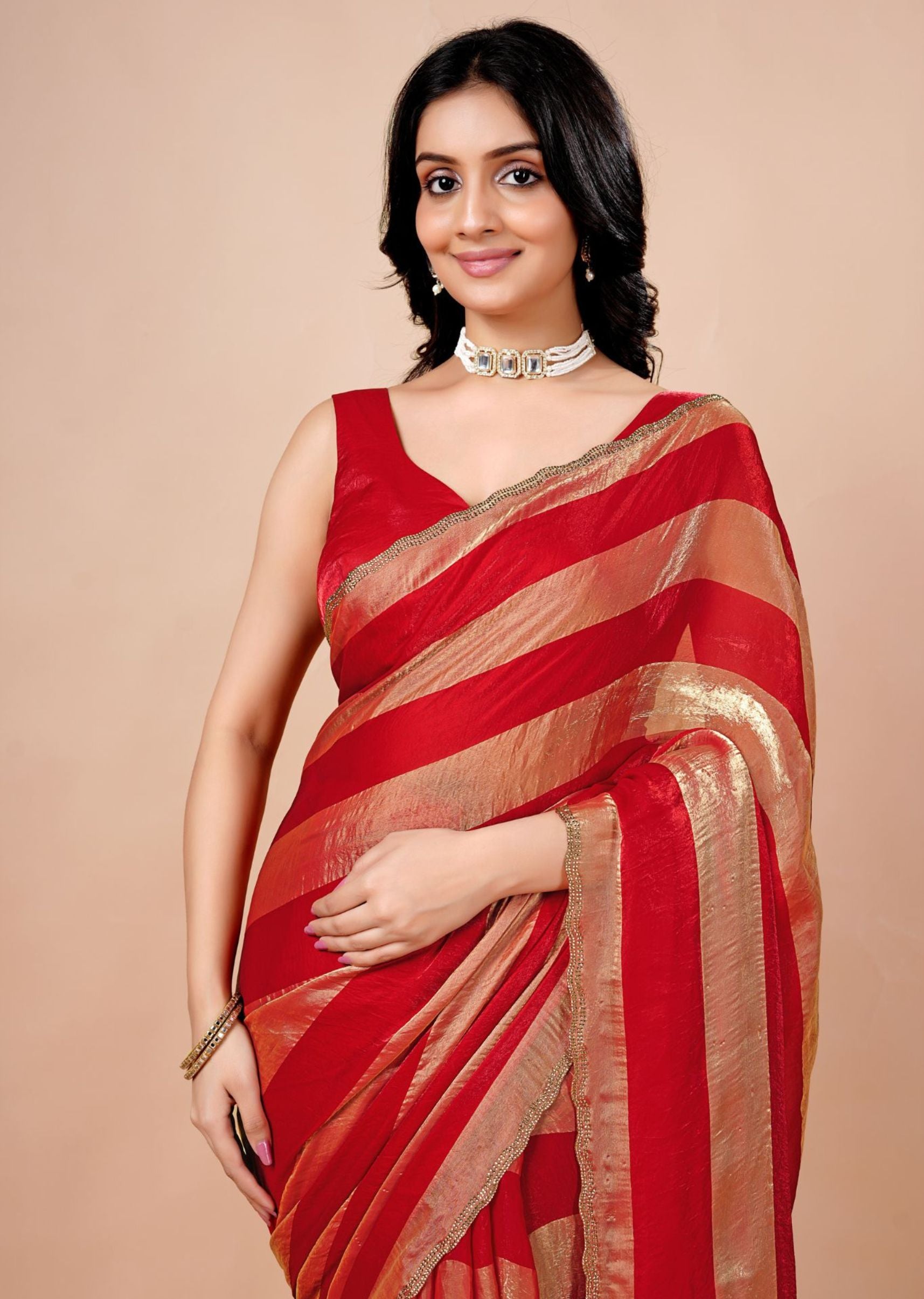 Black & Gold Organza Saree with Metallic Stripe Print and Stone Work Border