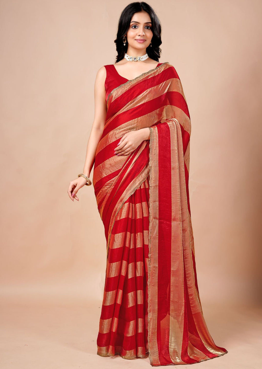Black & Gold Organza Saree with Metallic Stripe Print and Stone Work Border