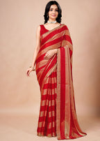 Black & Gold Organza Saree with Metallic Stripe Print and Stone Work Border