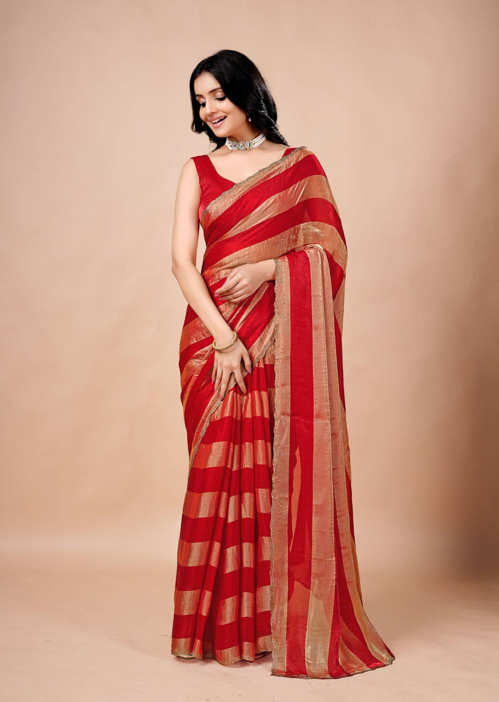Black & Gold Organza Saree with Metallic Stripe Print and Stone Work Border