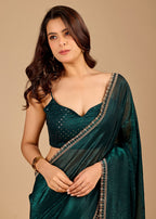 Emerald Green Tissue Saree with Designer Embellished Border & Shimmer Finish