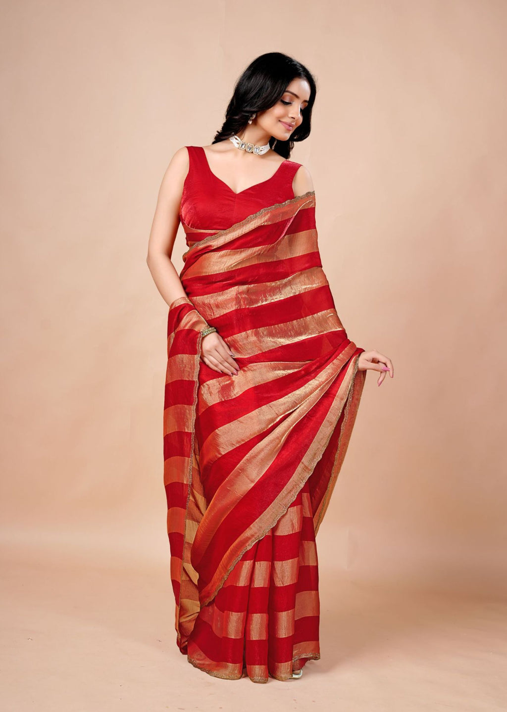 Black & Gold Organza Saree with Metallic Stripe Print and Stone Work Border