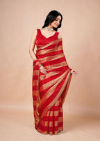 Black & Gold Organza Saree with Metallic Stripe Print and Stone Work Border