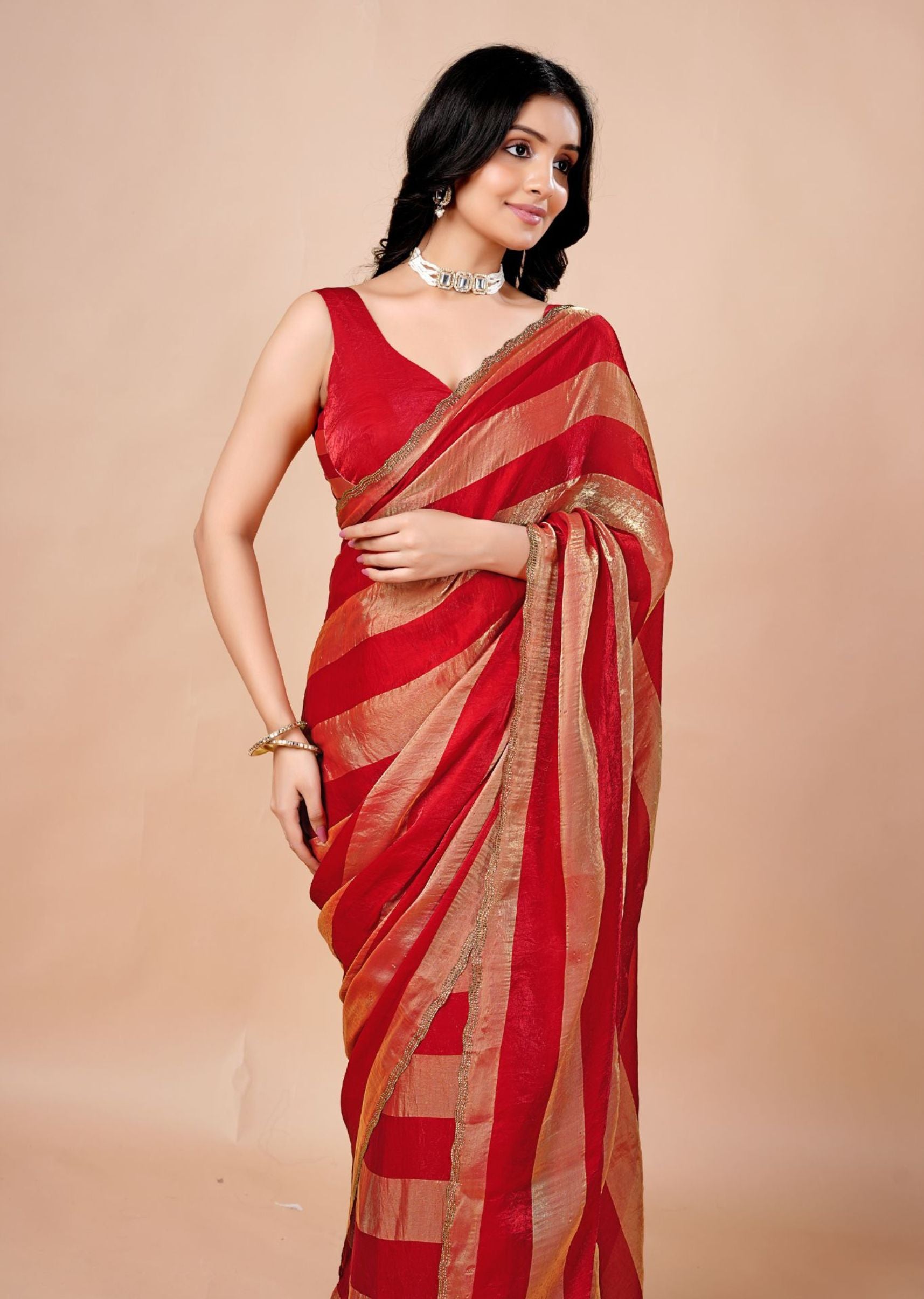 Black & Gold Organza Saree with Metallic Stripe Print and Stone Work Border