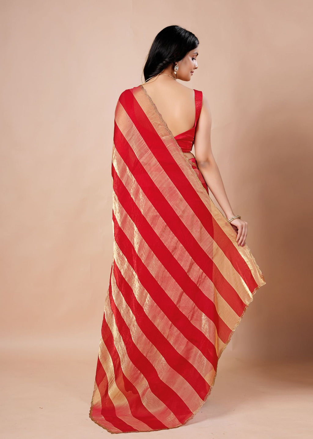 Black & Gold Organza Saree with Metallic Stripe Print and Stone Work Border