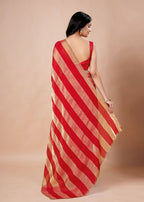 Black & Gold Organza Saree with Metallic Stripe Print and Stone Work Border