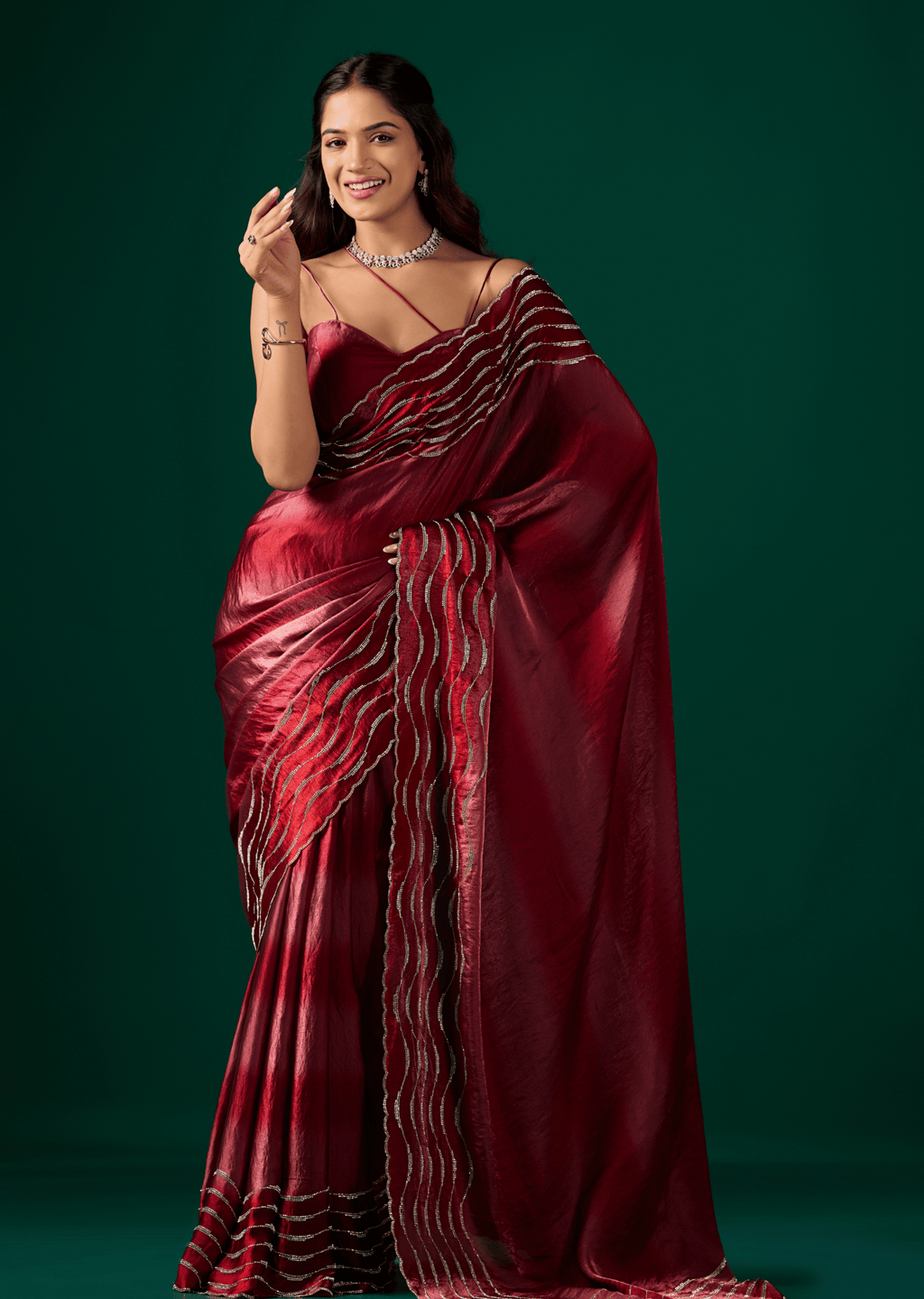 Wine Silk Saree Draped Pose - Wedding Party Wear