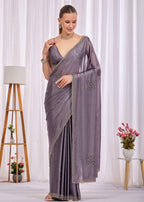 Purple Italian Silk Saree With Diamond Pattern Border And Bead Motifs