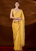 Yellow Chiffon Saree With Sequin Floral Work - Front Look | Buy Online Ethnic9