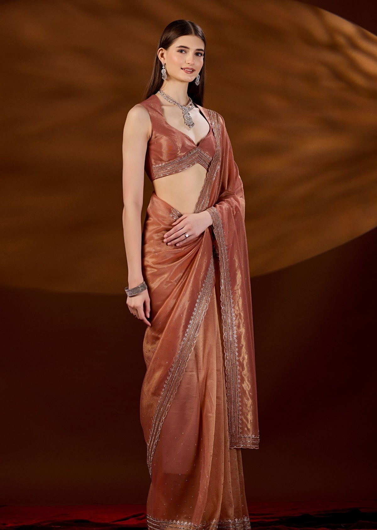 Peach Orange Tissue Saree Styled Look - Party Wear Saree