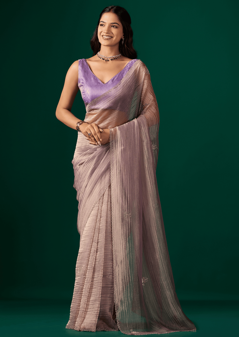 Purple Crushed Organza Saree With Diamond Border - Front Look | Buy Online Ethnic9