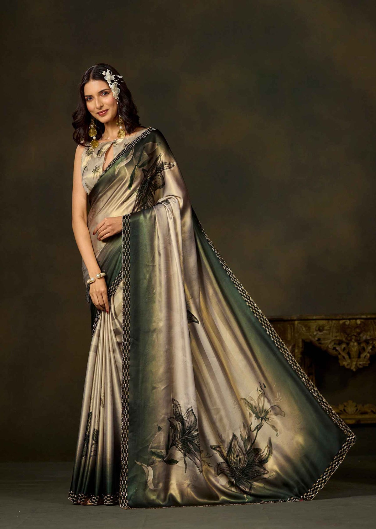Green Ombre Black Floral Printed Satin Silk Saree With Patterned Border