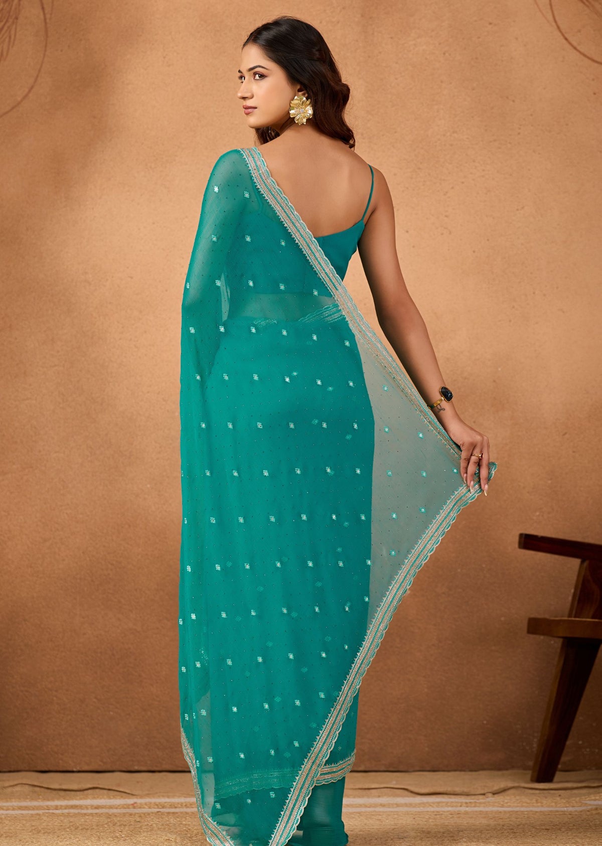 Firozi Chiffon Saree Draped Look - Sequin Embroidery Detail