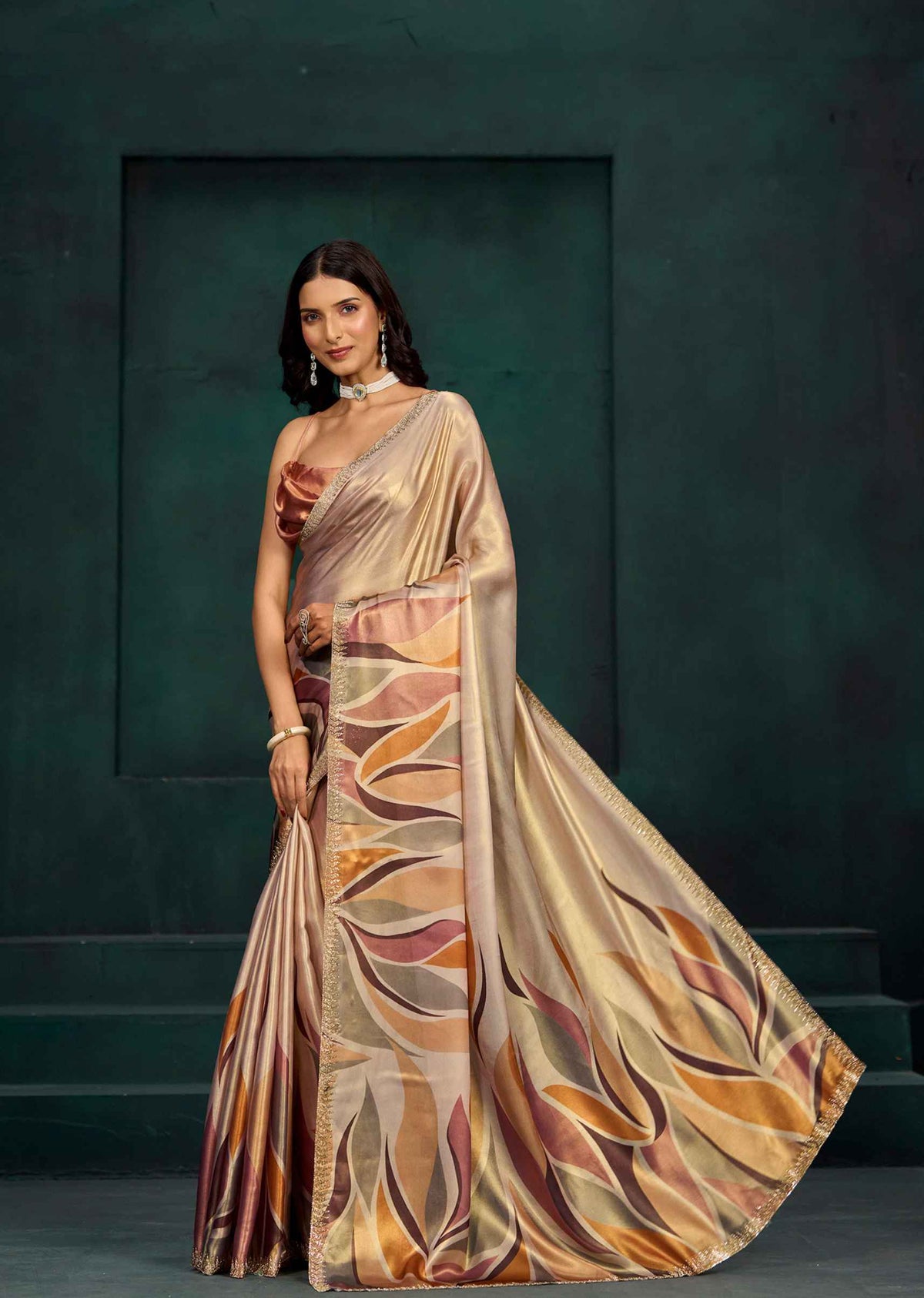 Orange Leaf Printed Satin Silk Saree With Embellished Border